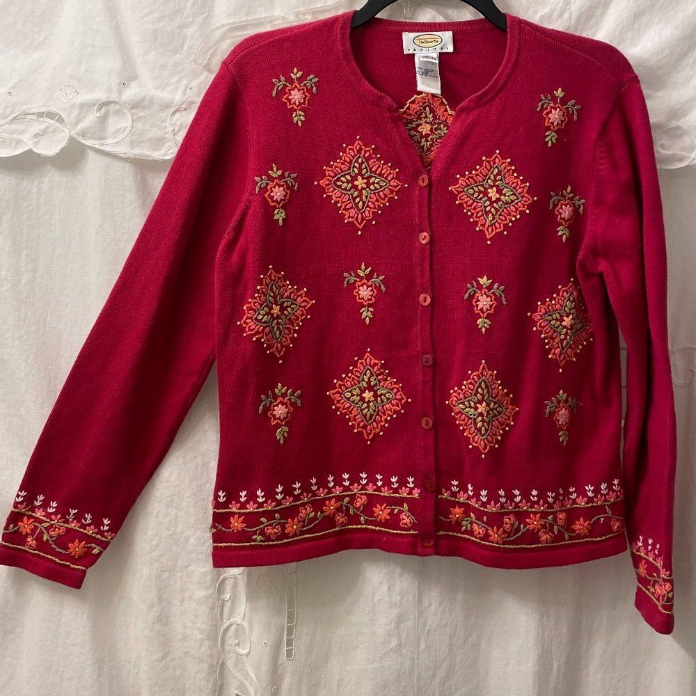 Talbots Petites Embordered Button Up V Neck Womens Sweater Size MP